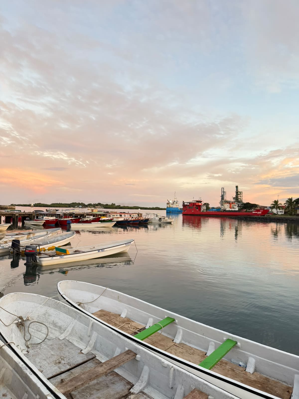Fishing boats and a ferry moored in a Fijian harbor under a soft pastel dawn sky