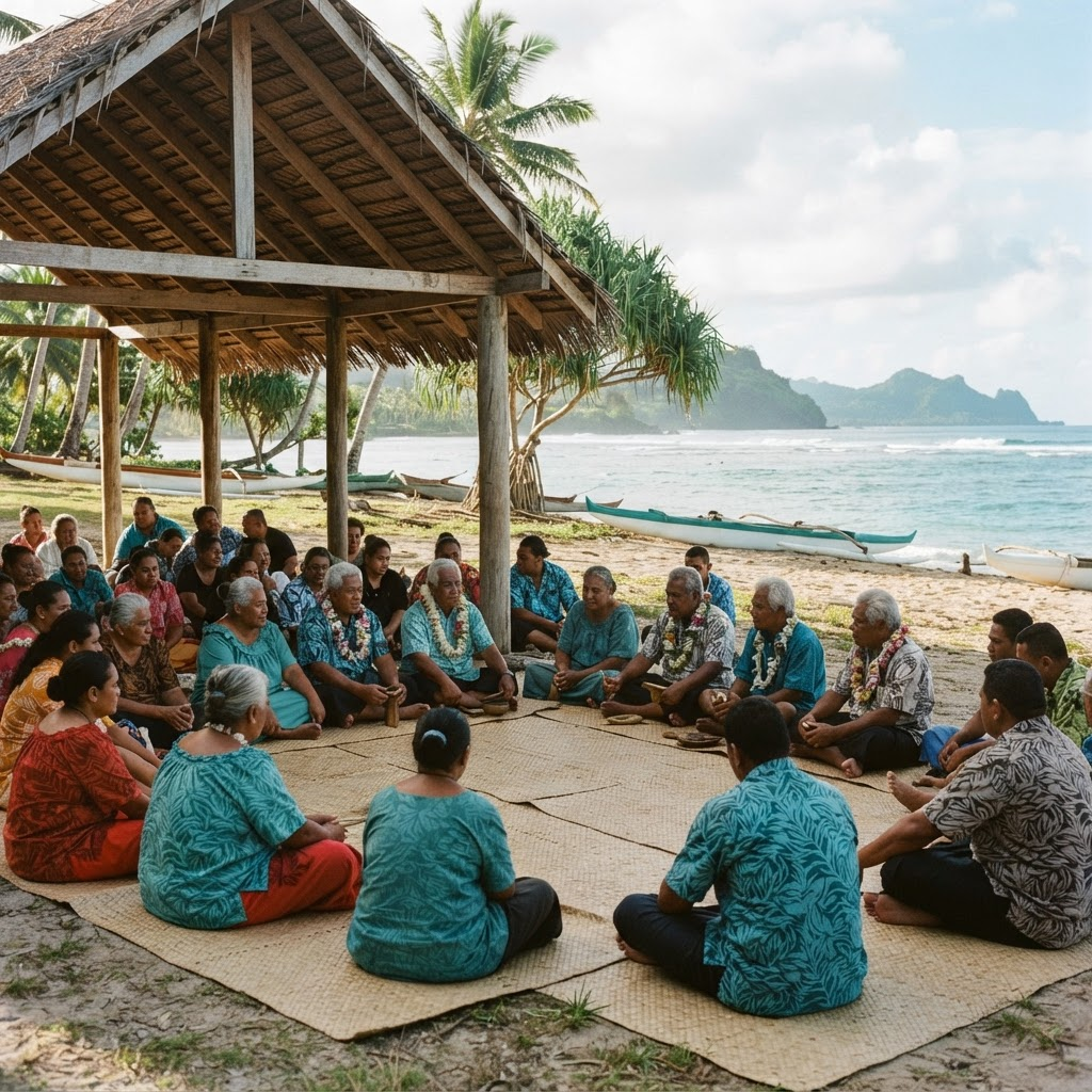 Pacific Islander community members gathered together under an open-sided shelter near the coast