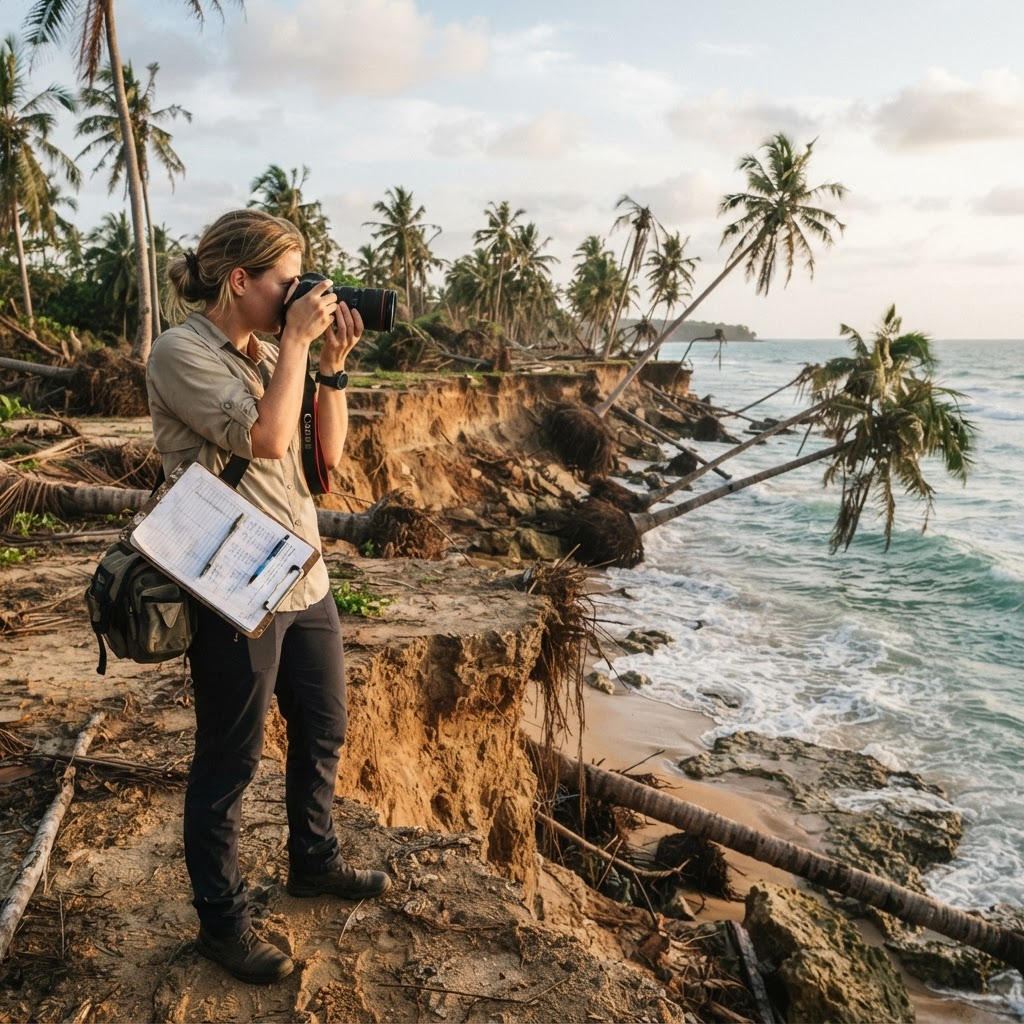 A field researcher photographing and documenting coastal erosion damage