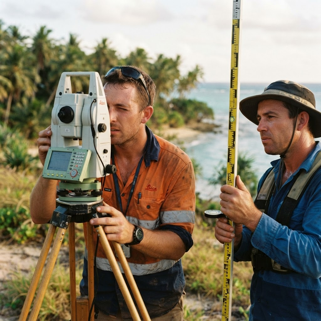 Land surveyors measuring coastal property with surveying equipment