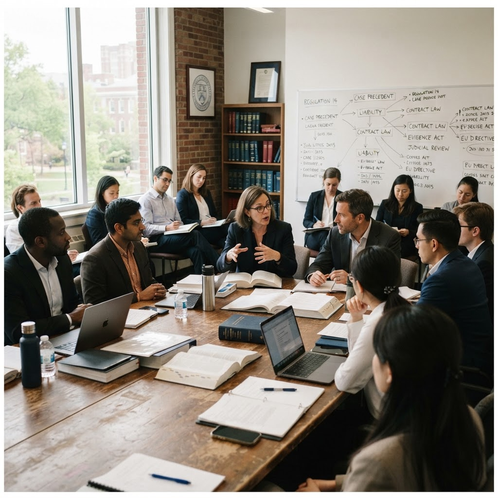 Lawyers and academics in a university law workshop reviewing legal documents