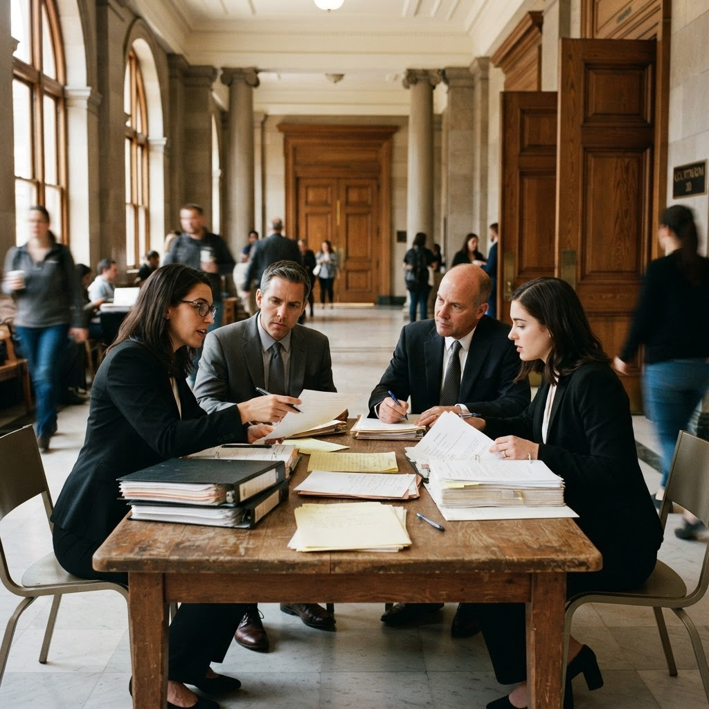 A legal team reviewing case files together inside a courthouse hallway