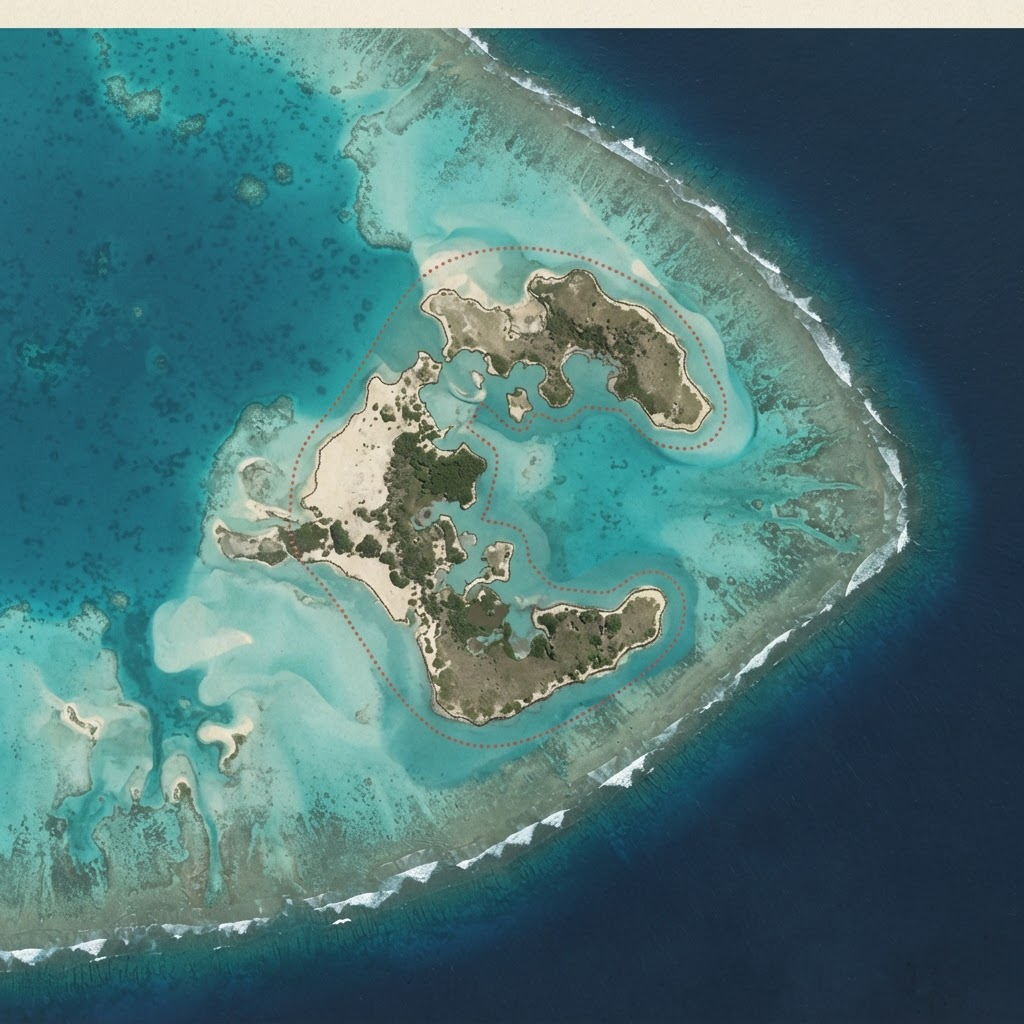 Map illustration of a low-lying Micronesian atoll partially submerged by rising sea water
